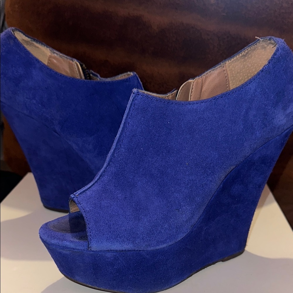 Blue Suede Wedge Peep-Toe Shoes